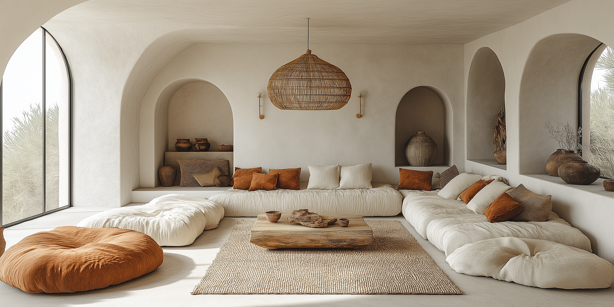 Un salon serein inspiré par le design marocain, harmonie naturelle arc & embers
