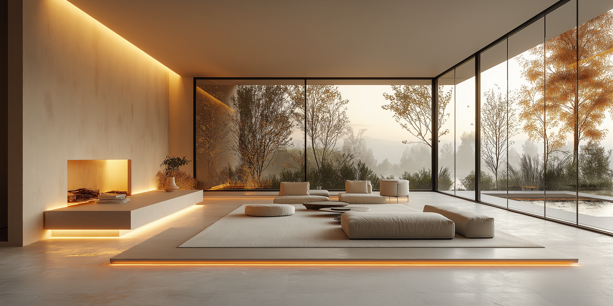 un grand salon avec design minimaliste, grandes fenêtres, luminaires design arc & embers