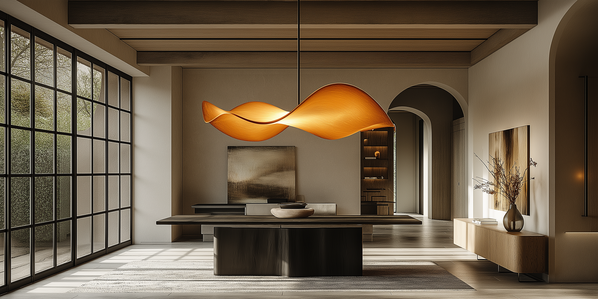 Une salle à manger lumineuse et contemporaine avec sculpture luminaire arc & embers